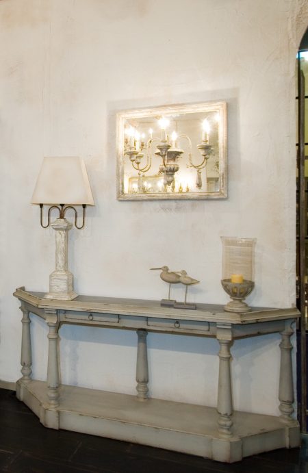 Console Desserte PANTRY/ Piètement 5 colonnes/ 2 tiroirs / Plateau Zinc et bois — Long. 195 x Haut. 90 x Prof. 50 cm