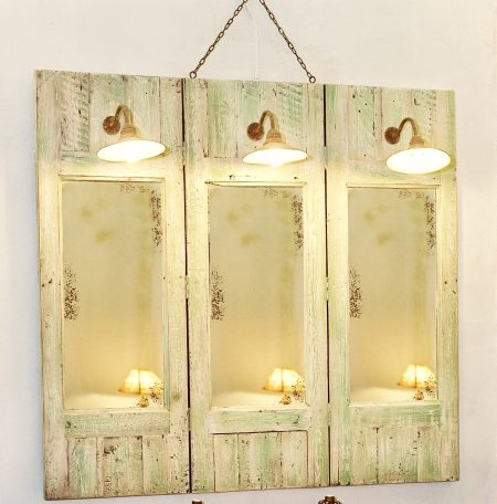 Miroir GUSTAVIEN Triptyque / Vieilles planches / Electrifié 3 LampesFer Rouill – autre vue