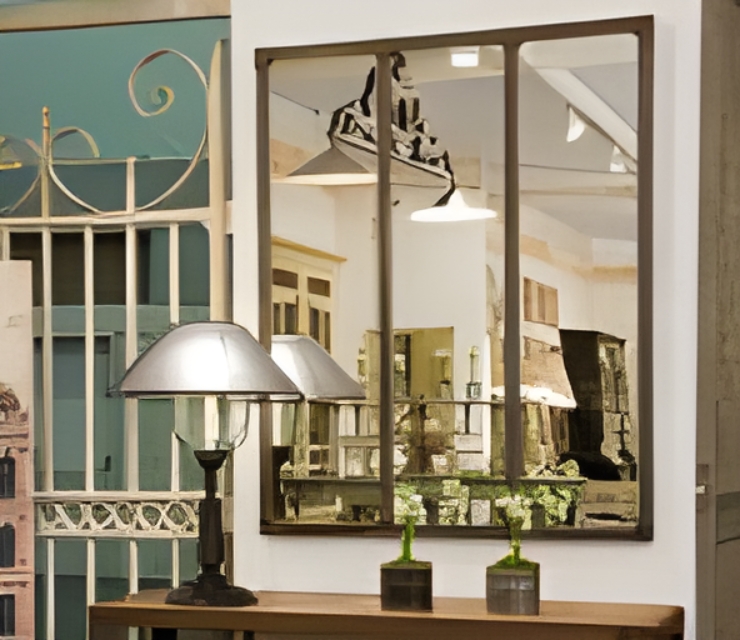 Miroir TRIPTYQUE EIFFEL Structure Métal patiné façon Rouille et riveté / Miroir vieilli /