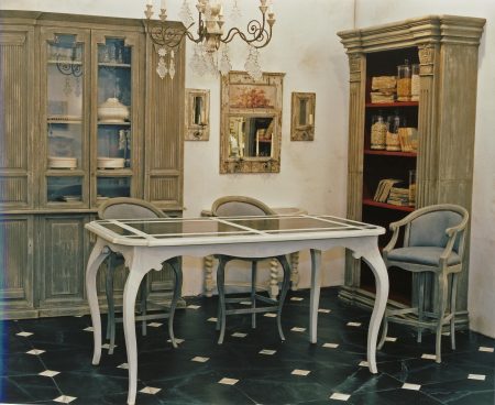 Table Haute TSARINE — Plateau avec inserts de plaques de zinc — Long. 180 x Haut. 92 x Prof. 110 cm