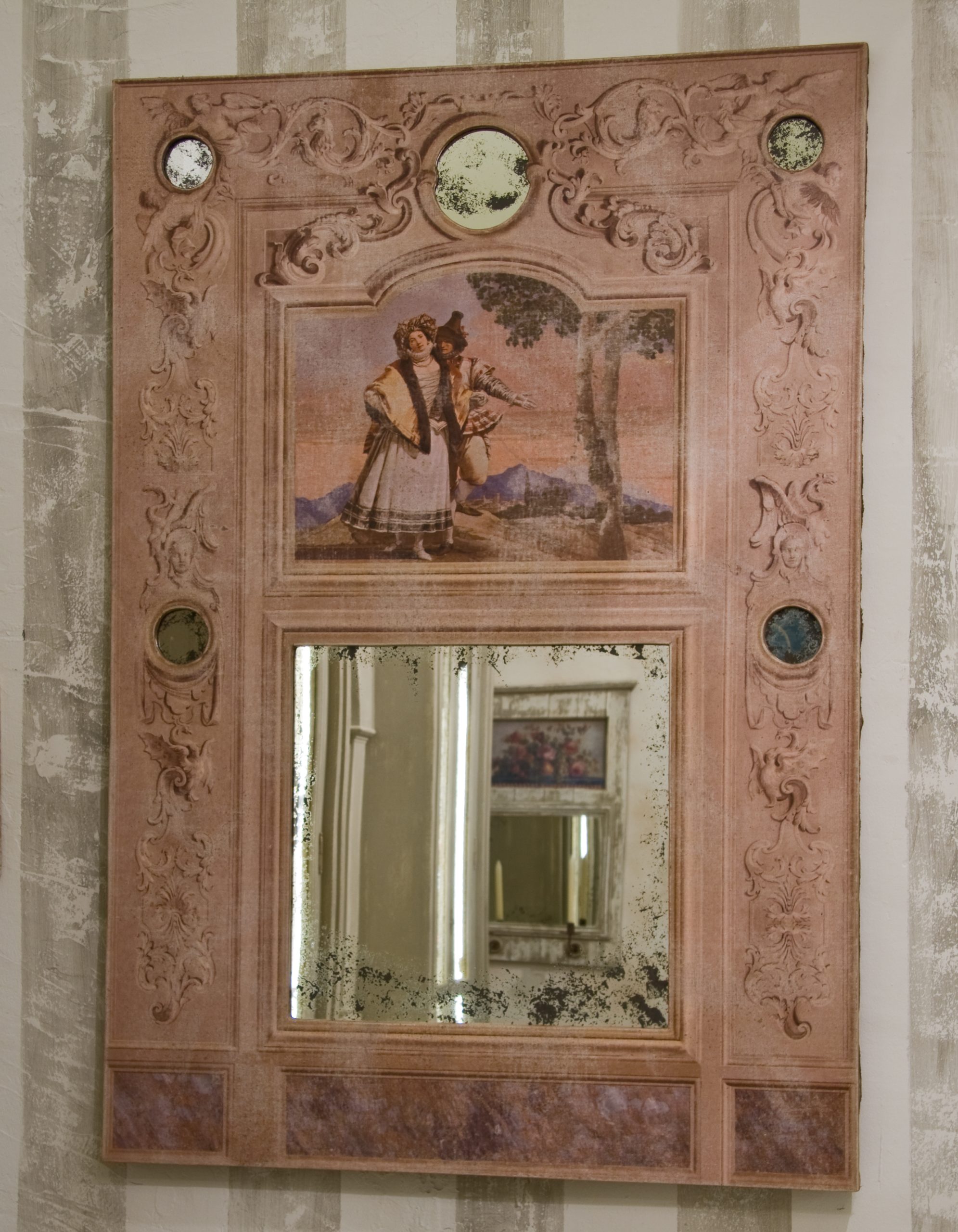 Trumeau ARTE FLORENTIN /toile beige veilli et 5 petits Miroirs en médaillon_652c59164fe8e.jpeg