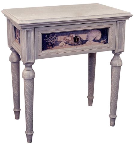 Console COQUILLAGES - Plateau granit noir, motif textile Coquillages — Long. 90 x Haut. 75 x Prof. 45 cm