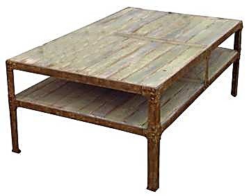 Grande Table Basse EIFFEL130*80*50 /Struct. Métal riveté / Plateau Patiné — Long. 130 x Haut. 50 x Prof. 80 cm