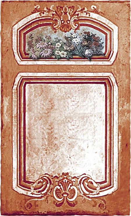Trumeau ARTE FLORENTIN /toile beige veilli et 5 petits Miroirs en médaillon — Long. 80 x Haut. 120 x Prof. 4 cm
