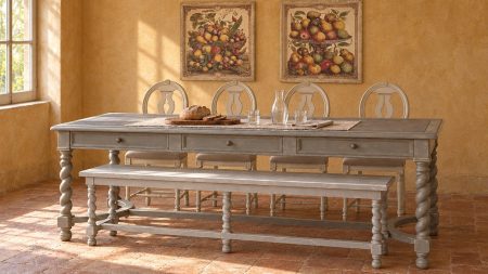 Salle à manger provençale : Table URSULINE plateaux zinc, Banc URSULINE, chaises COTTON Médaillon et tableaux collection Fruits — Provence & Fils