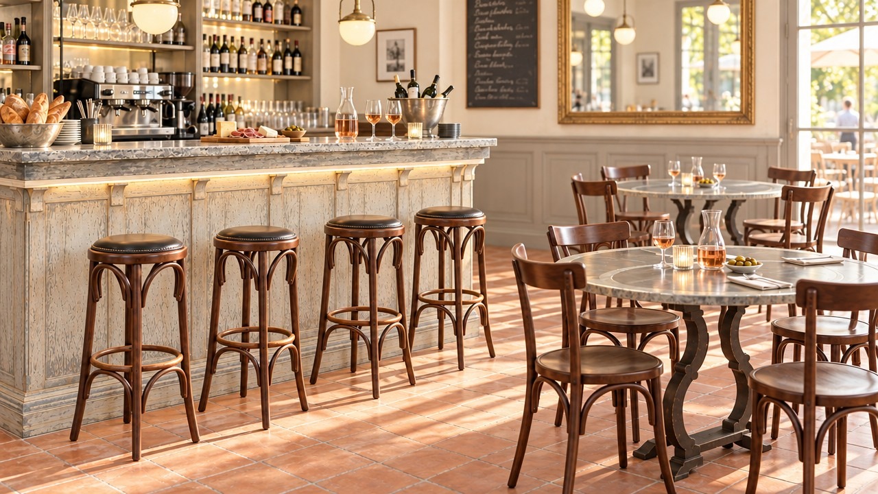 Bistrot lumineux Bistrot lumineux : Bar MARIUS rétro-éclairé, tabourets GRAND CAFE, tables rondes DIANE et chaises MARCEL — Provence & Fils