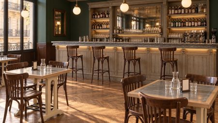 Brasserie parisienne : Bar LA COUPOLE rétro-éclairé avec arrière-bar, chaises hautes MADELEINE, tables ANISETTE et chaises MADELEINE — Provence & Fils
