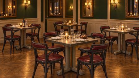 Salle de restaurant : tables SAINT GERMAIN bordées de zinc et fauteuils GRAND CAFE gris anthracite en cuir rouge — Provence & Fils