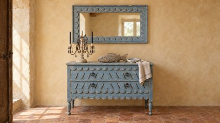 Mise en scène : entrée provençale avec le miroir Écailles à l'horizontale au-dessus de la commode Écailles, finition bleue, et le bougeoir Girandole – Provence & Fils