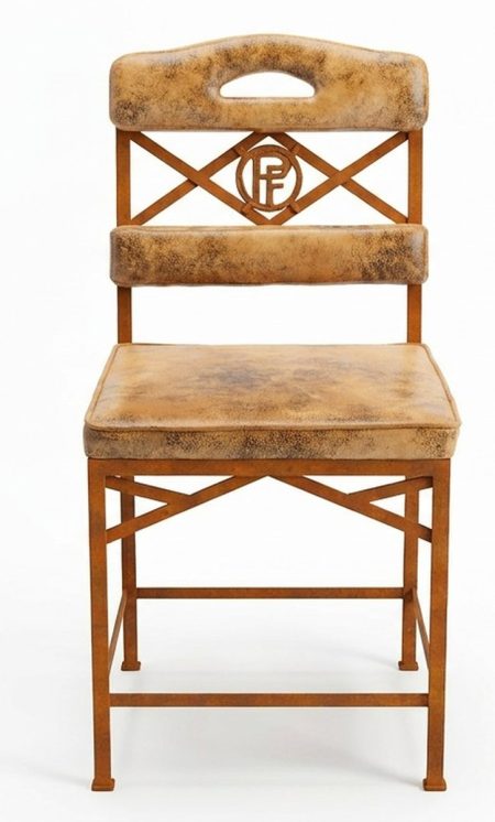 Fauteuil EIFFEL GLORIETTE – Struct. Métal patiné façon Rouille – Assise + dossier -Tissu Cuir – Peau tannée & veillie – photo produit