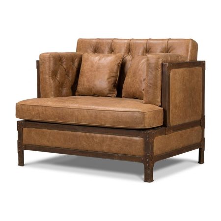 Fauteuil large Eiffel métal patiné riveté cuir tanné vieilli – Provence et Fils