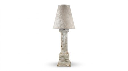 Lampe COLONNE /Pied / Abat Jour Circulaire BLANC Patiné – photo produit sur fond blanc