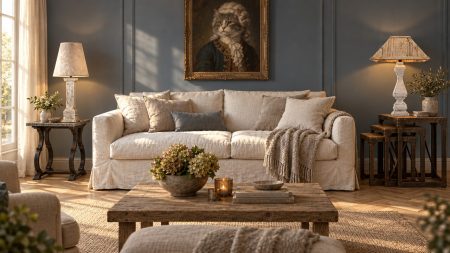 Mise en scène : salon avec la lampe Colonne sur la table Diane et la lampe Balustre Louis XIV sur les gigognes Eiffel – Provence & Fils