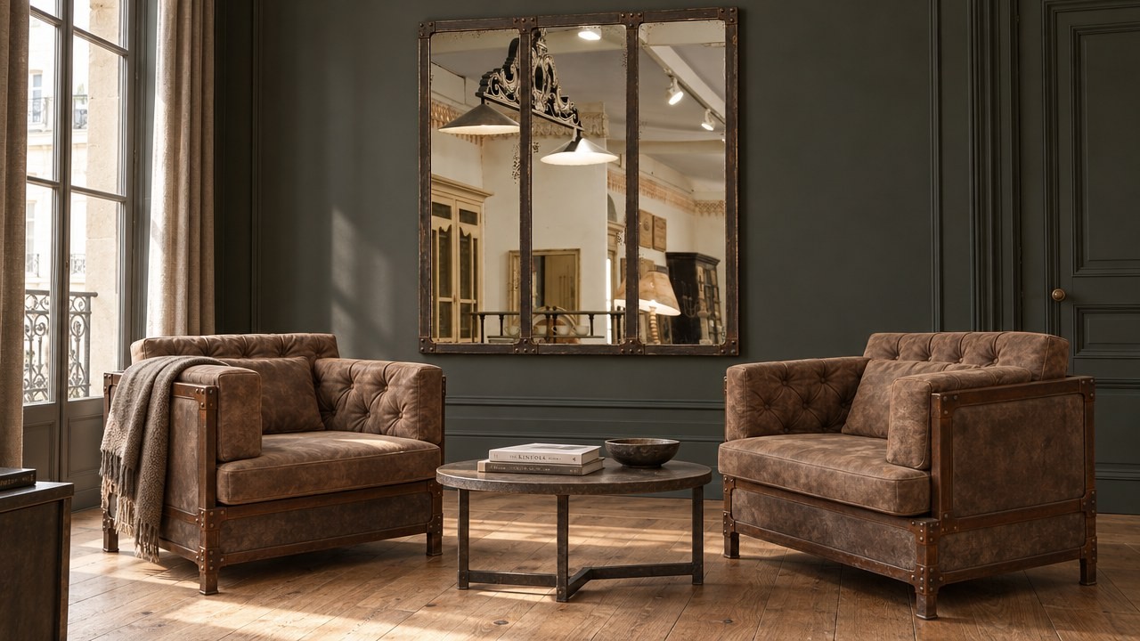 Salon industriel avec miroir triptyque Eiffel et fauteuils large Eiffel Salon industriel avec miroir triptyque Eiffel et fauteuils large Eiffel – Provence et Fils
