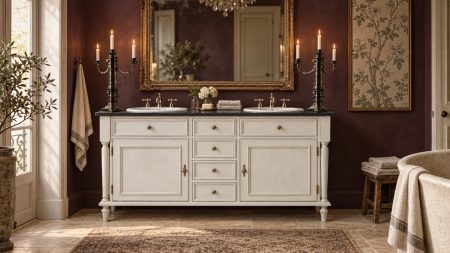 Mise en scène : salle de bains avec la Salle de bains Drapière et les chandeliers Othello – Provence & Fils