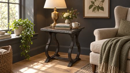 Table d'appoint DIANE -Plateau bois rembordé en zinc + motif central zinc – mise en scène dans un coin lecture