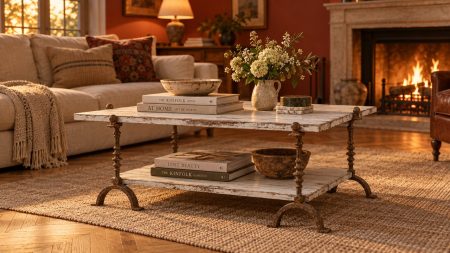 Table Basse chêneTS- Piètement 2 chênets Fer patiné façon Rouille – mise en scène dans un salon avec cheminée