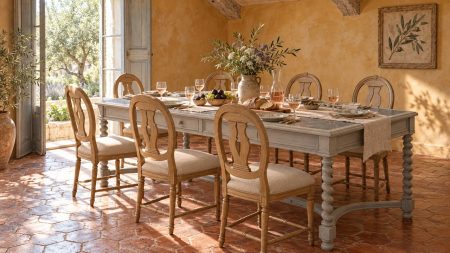 Table Ursuline 180 plateau pierre bleue avec chaises Cotton chêne, salle à manger provençale