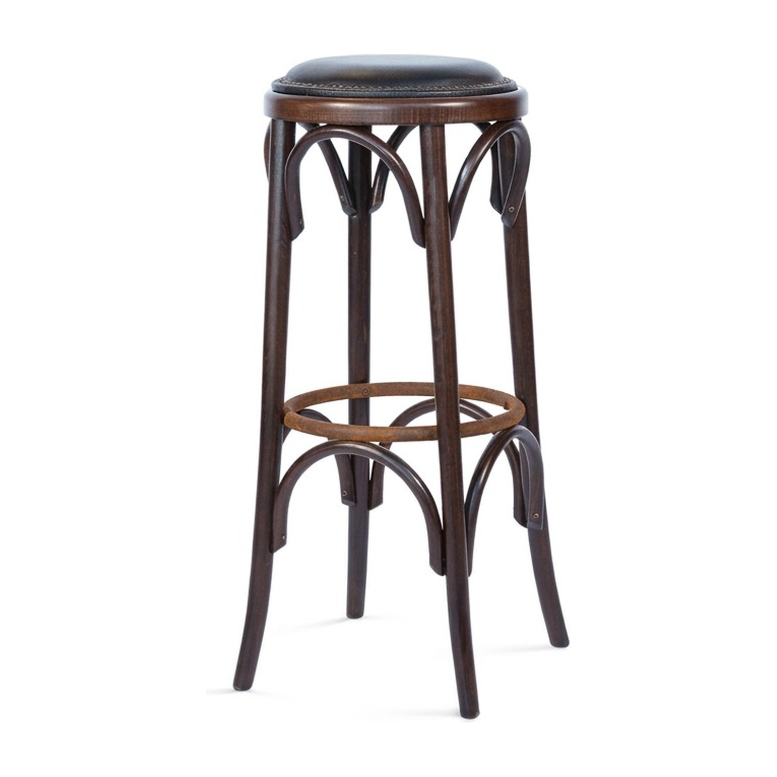 Tabouret GRAND CAFE Tabouret GRAND CAFE — tabouret de bar en hêtre courbé, assise tapissée, cerclage fer finition rouille, sur fond blanc — Provence & Fils