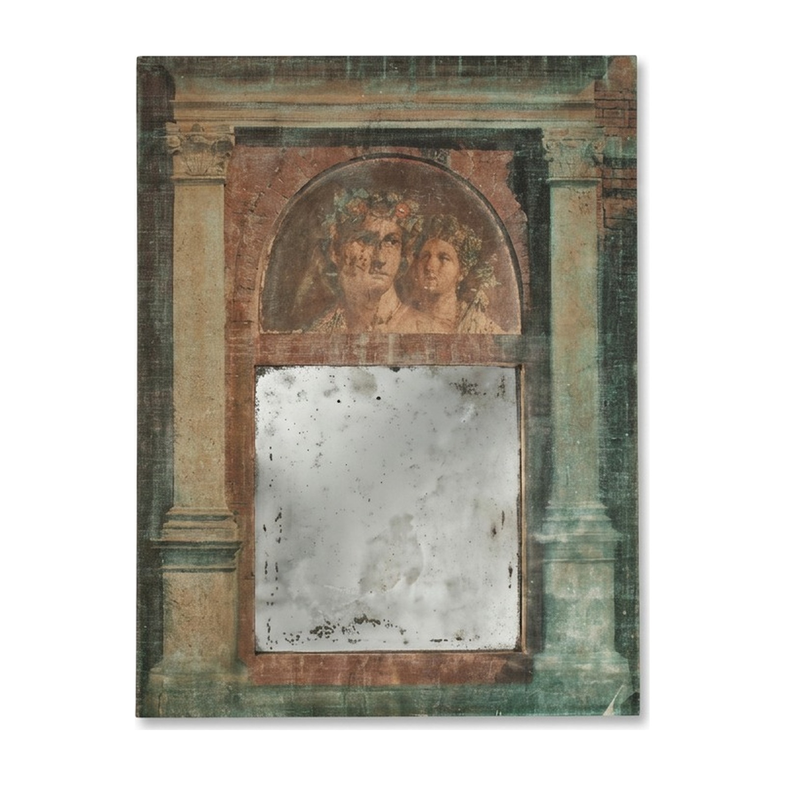 Trumeau Pompéi toile vert de gris fresque pompéienne et miroir vieilli Trumeau Pompéi toile vert de gris fresque pompéienne et miroir vieilli – Provence et Fils